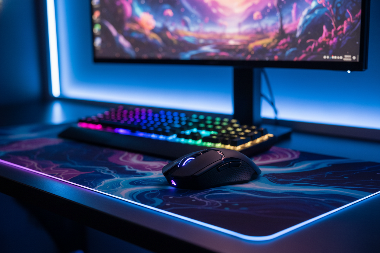 Een technologische gadget zoals een computer muis met mooie gaming setupo